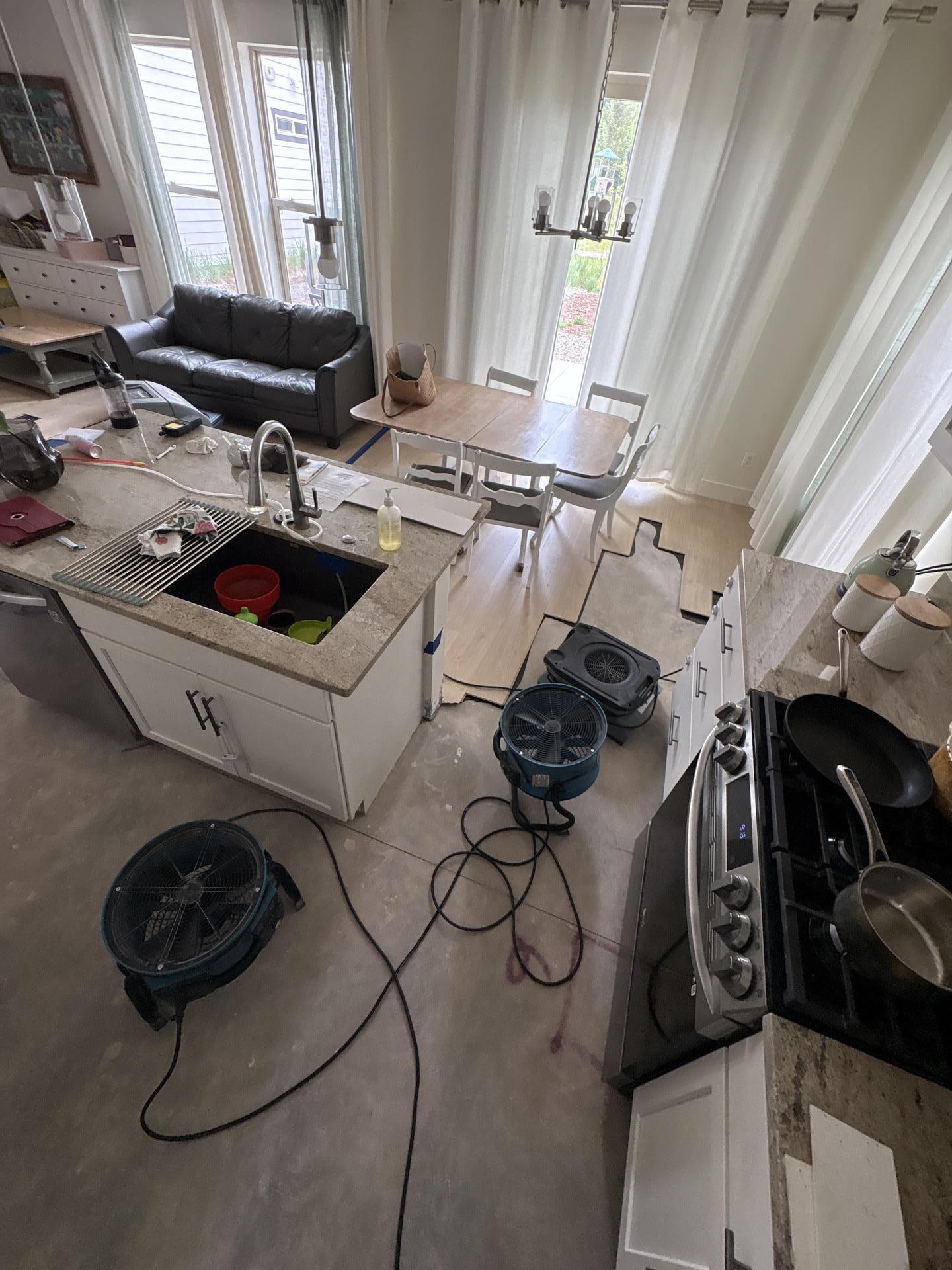 Kitchen water damage from burst pipe