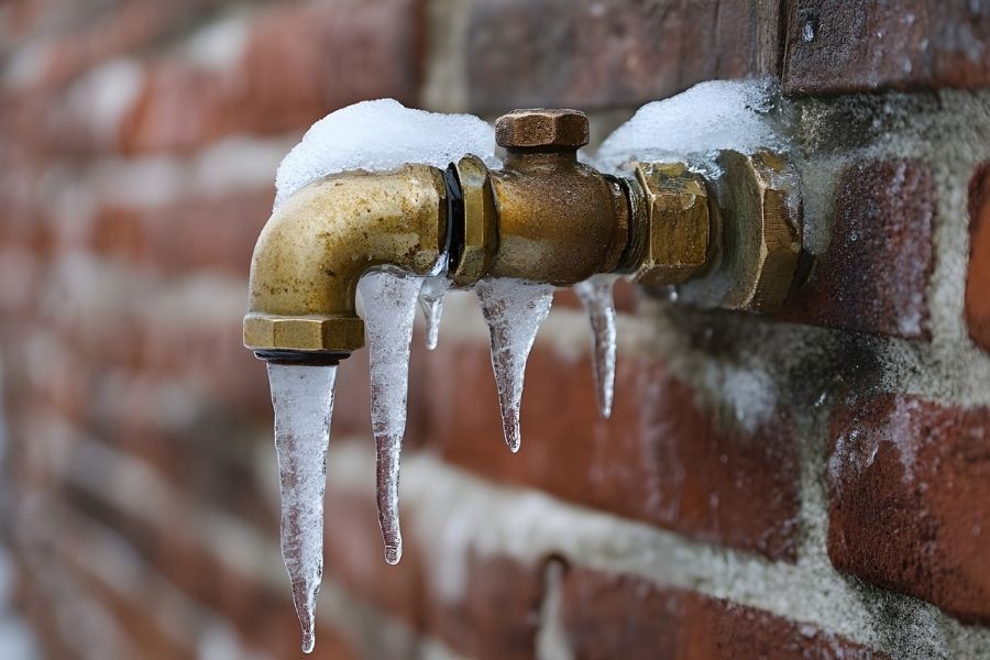 Frozen outdoor faucet covered in ice during Colorado winter
