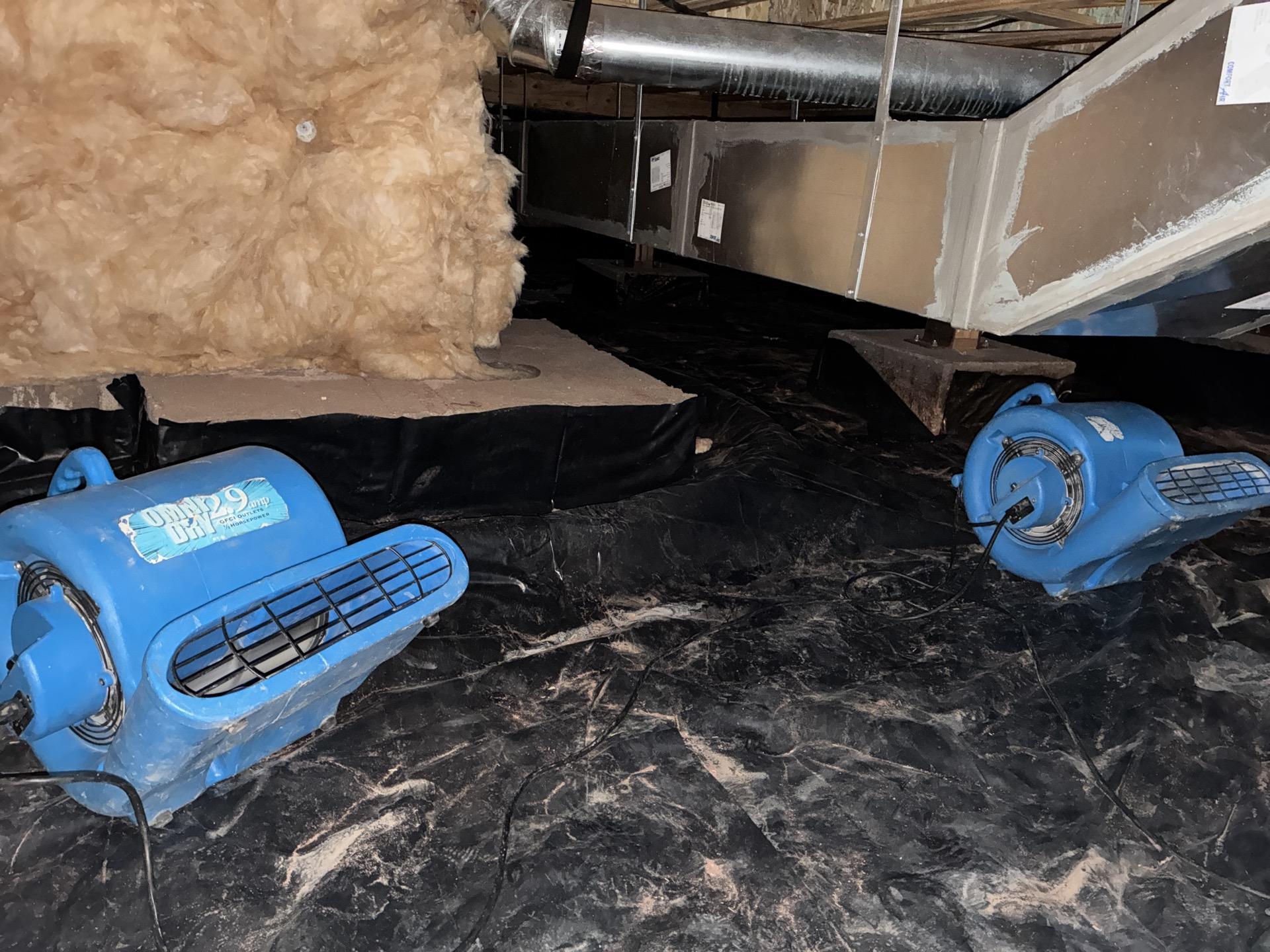 Drying equipment in crawlspace reducing moisture in subflooring and framing after remediation treatment