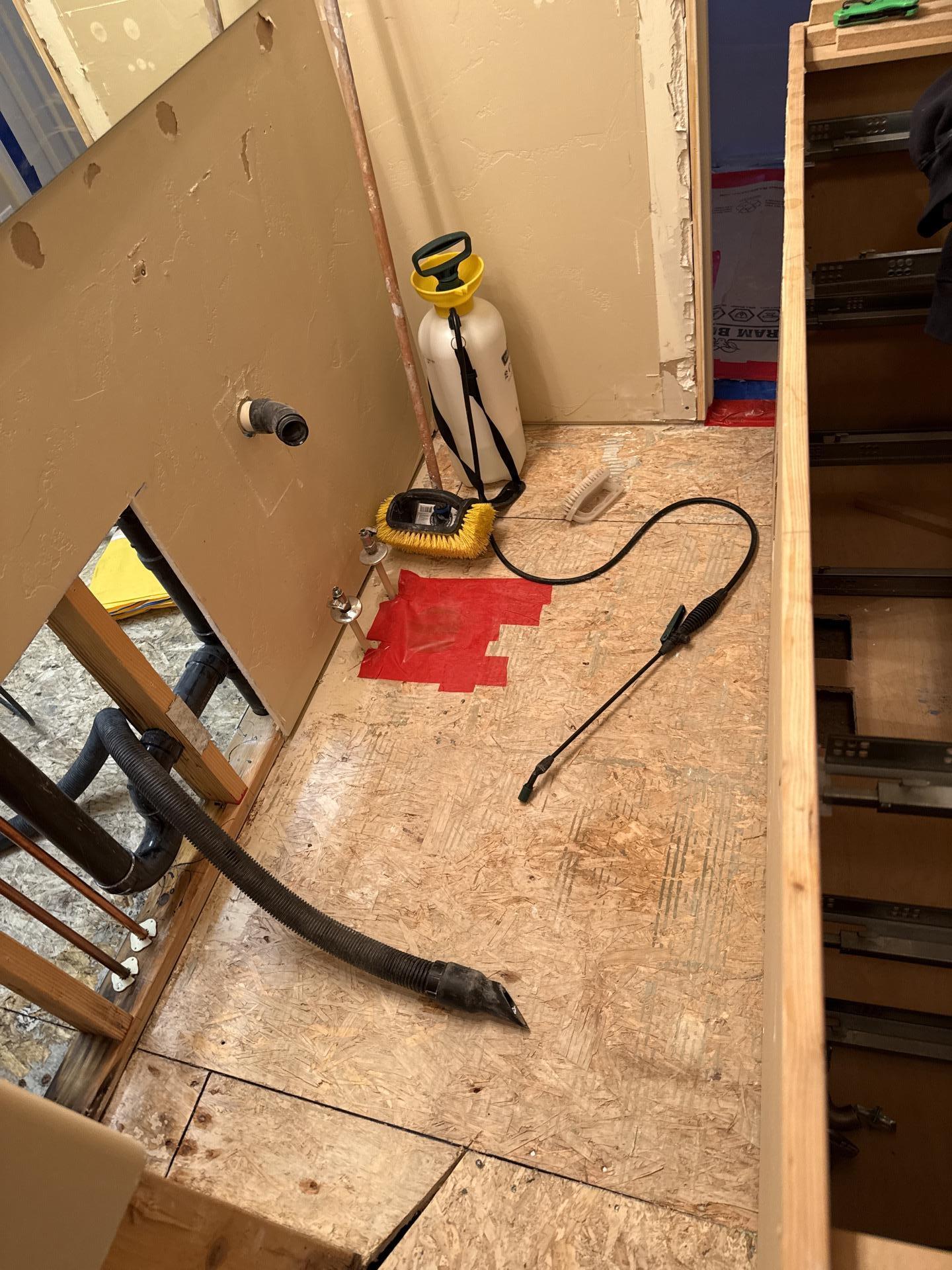 Bathroom subfloor after antimicrobial treatment and mechanical abrasion during mold remediation