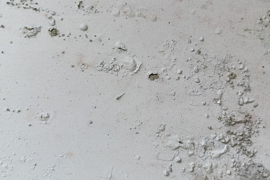 Peeling paint and bubbling drywall in a basement, a sign of moisture intrusion and mold growth