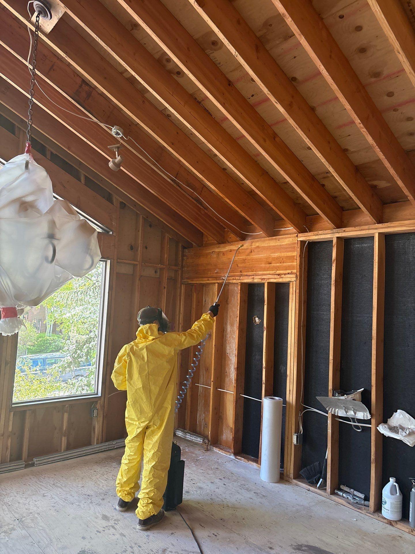 Technician suited up while HEPA vacuuming the remediation zone