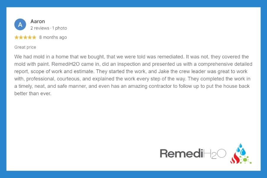 Five star Google review from a satisfied RemediH2O mold remediation customer